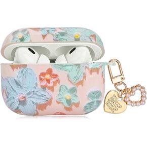 Cute Cases for AirPods Pro with Heart Pearl Pendant, Colorful Retro Oil Painting Flower Design Soft Protective Cover for AirPods Pro