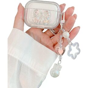JANDM for AirPods Pro Case Cover with Keychain,Shockproof Soft Clear Cute 3D Crysta Bowknot Design Cover with Bling Heart Beads Keychain for AirPods Pro 1st Generation -Bowknot
