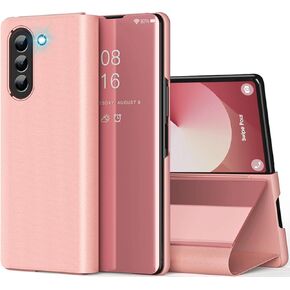Z Fold 6 Case for Samsung Galaxy Z Fold 6 Phone Case, Clear View Mirror Flip Case with Kickstand, Cover for Samsung Z Fold 6 5G Case PU Leather Heavy Duty Shockproof Protective Case 7.6" (Blue)