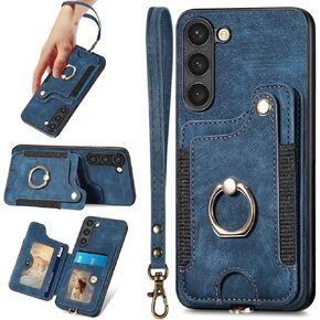 S23 Case,Card Holder Wallet for Samsung Galaxy S23 Case,Ring Holder Stand,RFID-Blocking,Wrist Strap,Camera Protector,Leather Protective Magnetic Flip Cover for Galaxy S23 Case 2023 (Green)