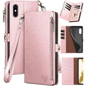XcaseBar for iPhone X/XS Wallet case with Zipper Credit Card Holder【RFID Blocking】, Flip Folio Book PU Leather Phone case Shockproof Cover Women Men for iPhone X/XS case Light Brown