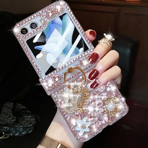 Samsung Galaxy Z Flip 5 Glitter Case with Hinge Protection Ring Holder,Cute Luxury 3D Crown Crystal Rhinestone Diamond Gems Bling Sparkle Shiny Women Girl Case for Galaxy Z Flip 5 5G (Pink)