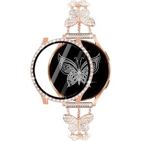 Bling Band with Case Compatible with Samsung Galaxy Watch 4 & 5 40mm 44mm Model，20mm Stylish Stainless Band Bling Diamond Butterfly Bracelet for Women (Rose Gold-40MM)