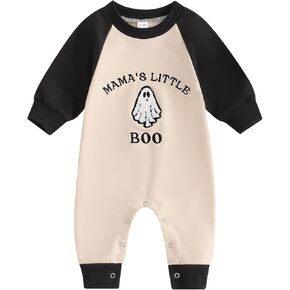 Lamuusaa Newborn Baby Boy Halloween Outfit Mamas Little Boo Embroidery Romper Long Sleeve Ghost Bodysuit Jumpsuit 0-18M