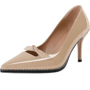 Soireelady Womens Beaded Pumps Stiletto High Heel with Bow Pointed Toe Slip On Fashion Dress Shoes Patent Leather 3.5 Inch