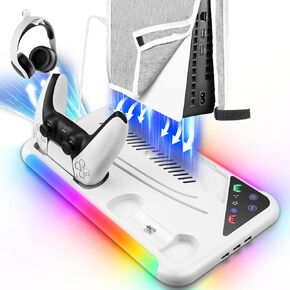 حامل PS5 رفيع متوافق مع قرص وحدة التحكم PS5/PS5 النحيف/الرقمي مع محطة تبريد ومحطة شحن وحدة التحكم، غطاء غبار، أبيض
