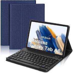 حافظة لوحة مفاتيح إسبانية من SENGBIRCH لجهاز Samsung Galaxy Tablet A8 (10.5 بوصة، 2022)، تتضمن Ñ - بلوتوث لاسلكي قابل للفصل - حافظة فوليو ذكية للنوم/الاستيقاظ التلقائي، أزرق داكن