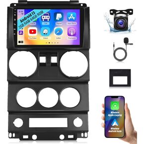2+64G Car Stereo for Jeep Wrangler（2 doors） 2007 2008 2009 2010 with Carplay & Android Auto - 9 inch Android Touchscreen Radio Support WiFi/GPS Navigation/FM/RDS/Bluetooth