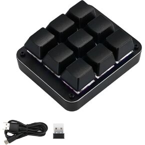 Tri-Mode 9 Keys Programmable Macro Keypad Wireless 2.4G/Bluetooth 5.3/Wired USB-C One-Handed Mini Mechanical Gaming Keyboard Hot Swappable NKRO Red Switches Metal Panel for WinMac, Black