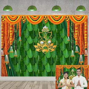 India Pooja Traditional Backdrop Marigold Green Banana Leaf Chatiya Ganesh Traditional Festival Photography Background Puja Ganpati Wedding Party Decoration Photo Props (7x5FT (2.1 x 1.5m))