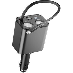 Paiholy 5 in 1 Retractable Car Charger Cigarette Lighter Splitter,159W Fast Car Charger with 2 in 1 Retractable Cable,Dual USB Port&Dual Cigarette Lighter,Compatible with iPhone,Car Electronic Devices