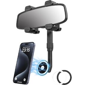 Rearview Mirror Magnetic Phone Holder, [Strong 4-Clip] Rear View Mirror Phone Mount for Magsafe, Magnet Car Mount Rear View Mirror for iPhone 15/14/13 Pro Max, Galaxy, 4-7" Cell Phones