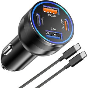 USB C Car Charger Fast Charging, 65W 4-Port USB C Car Charger Super Fast PD 3.0 & QC 3.0 Metal USB C Cigarette Lighter Adapter with 6.6ft 60W USB C Cable for iPhone 15 14 13 12 Pro Max, Samsung Galaxy