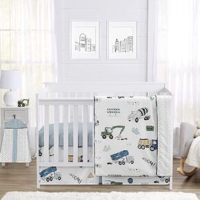 Sweet Jojo Designs Construction Truck Baby Boy Nursery Crib Bedding Set - 4 pieces - Grey Yellow Black Blue and Green Transportation Chevron Arrow