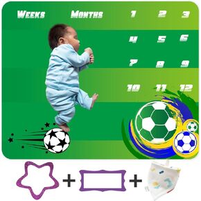 Soccer theme Baby Monthly Milestone Blanket Football Field Sports Newborn Boy Baby Shower Photo Background Props Nursery Decor Personalized Growth Chart Flag Blanket 48x40inch BTYYKI010