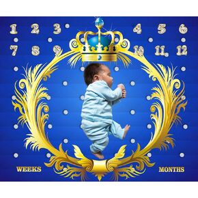 Royal Blue Gold Theme Baby Monthly Milestone Blanket Royal Blue Crown Prince or Princess Newborn Photo Background Mom Gift Baby Party Decor New Baby Growth Calendar Blanket 48x40inch BTDWKI040