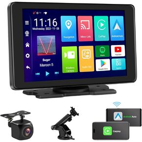 VEKOOTO Carplay Screen for Car, Wireless 7 Inch Portable 2.5k Car Touch Android Auto Screen Car play Box Based on Android Operating System, with 1080p Backup Camera AT7