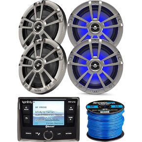 Infinity AM/FM USB Bluetooth Waterproof Marine Stereo Receiver Bundle with 4x 6.5" Coaxial 225 Watt Max Power Waterproof White Powersports LED Speakers, 16 Gauge Speaker Wire - OEM Replacement