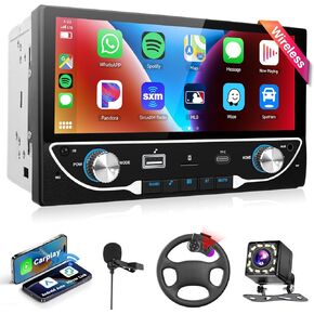 [Upgrade Wireless] Double Din Car Stereo with Wireless Apple Carplay Android Auto, podofo 6.8 inch Touchscreen Bluetooth Car Radio with Mirror Link, FM, USB/TF/AUX/USB Type-C Port+Backup Camera