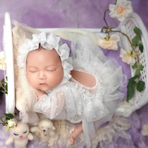 Zeroest Newborn Photography Props Lace Romper Bonnet Baby Girl Photoshoot Outfits Infant Photo Picture Hat Outfit