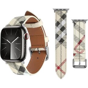 Leather Band Compatible with Apple Watch iWatch 49mm 45mm 44mm 42mm Women Men, Luxury Plaid Designer Leather Wristband for iWatch Ultra/Ultra 2 Series 9 8 7 6 5 4 3 2 1 SE SE2