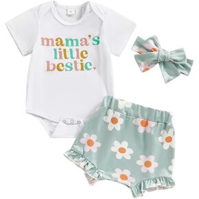 Baby Girls Summer Short Clothes Mama's Little Bestie Letter Print Bodysuit Daisy Bloomer Shorts Headband 3Pcs Outfit