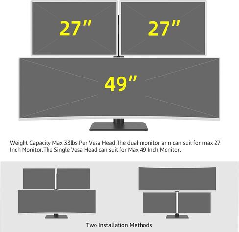 حامل شاشة ثلاثي عالي التحمل - حامل شاشة رأسي عالي التحمل يناسب شاشتين مقاس 17 إلى 27 بوصة وشاشة واحدة مقاس 49 بوصة مع دوران وإمالة وارتفاع قابل للتعديل، وسعة وزن تصل إلى 33 in Kuwait