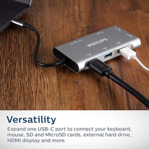 موزع USB C من فيليبس مع مرور الطاقة، محول متعدد المنافذ 7 في 1، 1 HDMI 4K@30 هرتز، توصيل طاقة USB-C بقدرة 60 وات، 2 USB 3.0، 1 إيثرنت، 1 SD 1 قارئ بطاقات MicroSD، DLK9120C/27 in Saudi Arabia