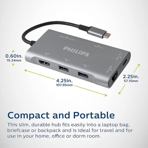 موزع USB C من فيليبس مع مرور الطاقة، محول متعدد المنافذ 7 في 1، 1 HDMI 4K@30 هرتز، توصيل طاقة USB-C بقدرة 60 وات، 2 USB 3.0، 1 إيثرنت، 1 SD 1 قارئ بطاقات MicroSD، DLK9120C/27 in Saudi Arabia
