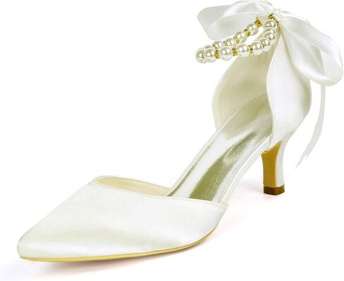 Women's Closed Toe Champagne Pearl Heels with Bow Wedding Shoes for Bride Low Heels Bridal Shoes Satin Heels Pumps Summer Shoes in Saudi Arabia