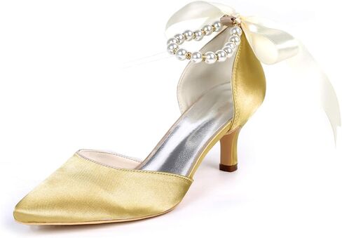 Women's Closed Toe Champagne Pearl Heels with Bow Wedding Shoes for Bride Low Heels Bridal Shoes Satin Heels Pumps Summer Shoes in Saudi Arabia