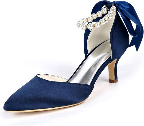 Women's Closed Toe Champagne Pearl Heels with Bow Wedding Shoes for Bride Low Heels Bridal Shoes Satin Heels Pumps Summer Shoes in Saudi Arabia