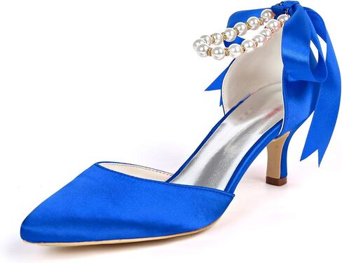 Women's Closed Toe Champagne Pearl Heels with Bow Wedding Shoes for Bride Low Heels Bridal Shoes Satin Heels Pumps Summer Shoes in Saudi Arabia