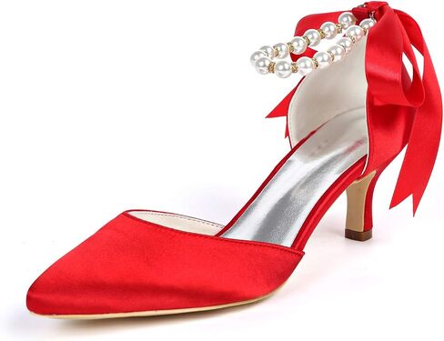 Women's Closed Toe Champagne Pearl Heels with Bow Wedding Shoes for Bride Low Heels Bridal Shoes Satin Heels Pumps Summer Shoes in Saudi Arabia