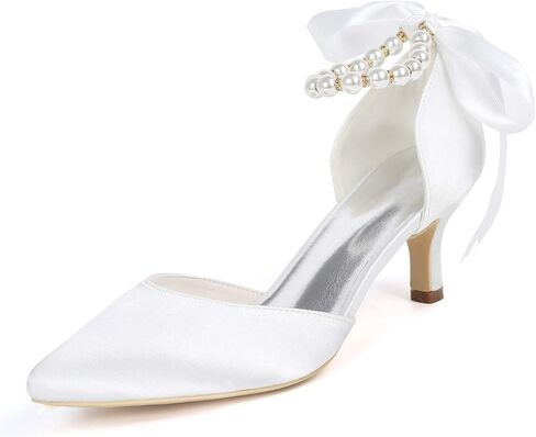 Women's Closed Toe Champagne Pearl Heels with Bow Wedding Shoes for Bride Low Heels Bridal Shoes Satin Heels Pumps Summer Shoes in Saudi Arabia
