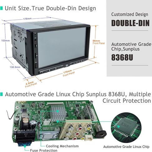 OneCarStereo Linux Double-DIN سيارة ستيريو تعمل باللمس، CarPlay Android Auto، مدمج TDA7851 مع مخرج Preamp 4V، ملاحة 7 بوصة داخل لوحة القيادة مع راديو FM AM RDS، نوع C وUSB 1.5A شحن سريع in Kuwait