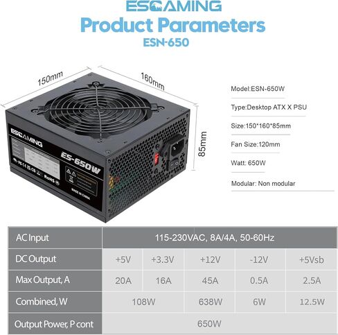 ESGAMING 650W Non Modular Power Supply with Low-Noise 120mm Fan ATX PSU, 115/230 Voltage Switch PFC Protection，5 Year Warranty in Saudi Arabia
