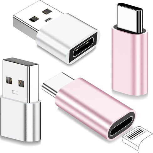 for Lightning to USB C Adapter*2 & USB A to USB C Adapter*2, 27W Fast Charging&Transfer Data,Converter to USB C for iPhone 15/14/13,for iPad,for AirPods,Samsung S23,Car(4 Pack,Silver+Pink) in Saudi Arabia