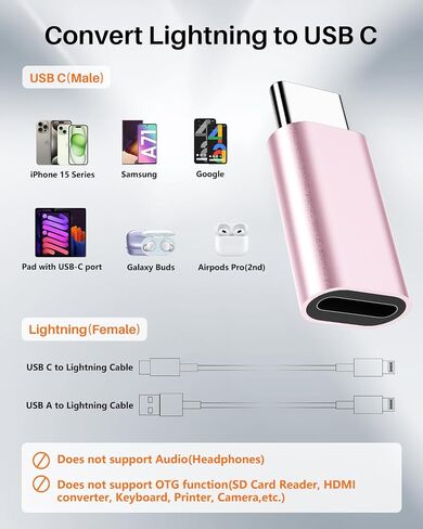 for Lightning to USB C Adapter*2 & USB A to USB C Adapter*2, 27W Fast Charging&Transfer Data,Converter to USB C for iPhone 15/14/13,for iPad,for AirPods,Samsung S23,Car(4 Pack,Silver+Pink) in Saudi Arabia