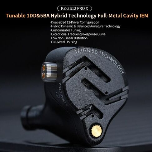 سماعات رأس KZ ZS12 PRO X داخل الأذن، سماعات أذن سلكية للألعاب 1DD+5BA Hybrid Driver IEM، مفتاح ضبط 4 مستويات، تجويف معدني كامل، كابل IEM 2Pin لعشاق الموسيقى (أسود، بدون ميكروفون) in Kuwait