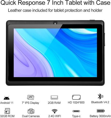 تابلت صغير مقاس 7 بوصات بنظام Android 11 بسعة 2 جيجابايت + 32 جيجابايت مزود بشاشة HD IPS وكاميرا مزدوجة وواي فاي GMS مع حافظة (أبيض) in Kuwait