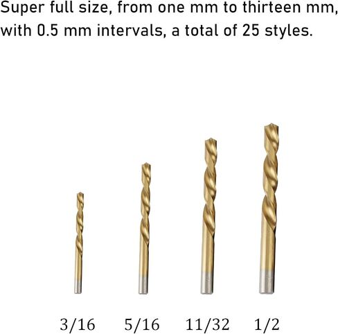 25pcs 1-13mm High Speed Steel Twist Drill Bit Set, HSS Drill Bit Set Straight Shank Metal Drill Bits Reverse-Twist Drill Bits Left-Hand Drill-Bit Set for Plastic Wood Aluminum Metal (Gold) in Saudi Arabia