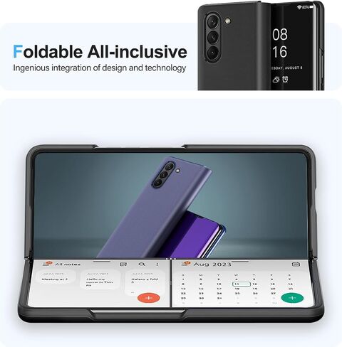 Z Fold 6 Case for Samsung Galaxy Z Fold 6 Phone Case, Clear View Mirror Flip Case with Kickstand, Cover for Samsung Z Fold 6 5G Case PU Leather Heavy Duty Shockproof Protective Case 7.6" (Blue) in Saudi Arabia