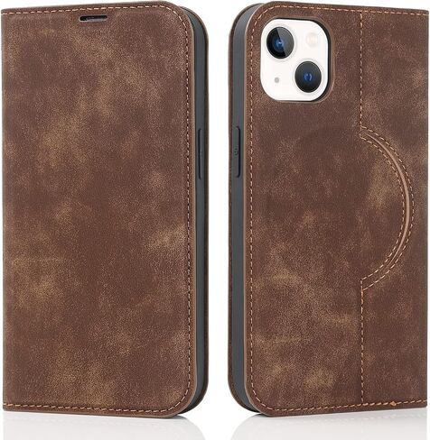 QLTYPRI Magnetic Case for iPhone 13/14 Wallet Case Compatible with Magsafe with [RFID Blocking] Card Holder Slots, PU Leather Flip Folio Cover Kickstand Protective Shockproof Phone Case - Brown in Saudi Arabia