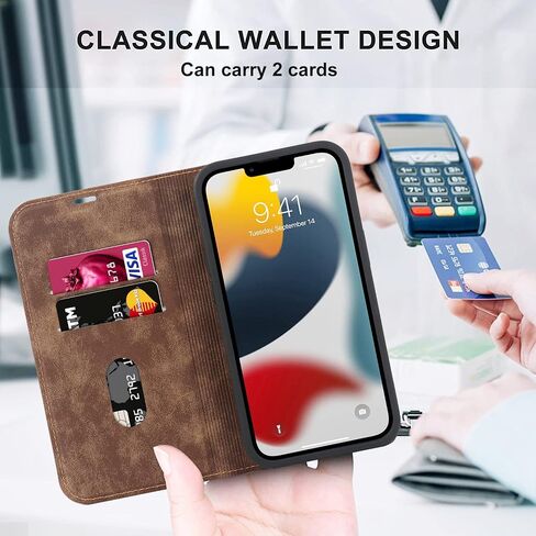 QLTYPRI Magnetic Case for iPhone 13/14 Wallet Case Compatible with Magsafe with [RFID Blocking] Card Holder Slots, PU Leather Flip Folio Cover Kickstand Protective Shockproof Phone Case - Brown in Saudi Arabia