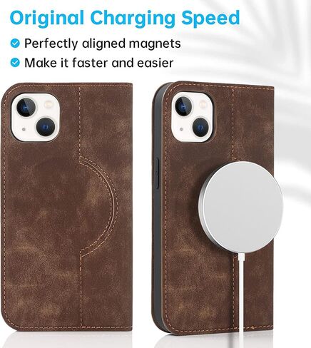 QLTYPRI Magnetic Case for iPhone 13/14 Wallet Case Compatible with Magsafe with [RFID Blocking] Card Holder Slots, PU Leather Flip Folio Cover Kickstand Protective Shockproof Phone Case - Brown in Saudi Arabia