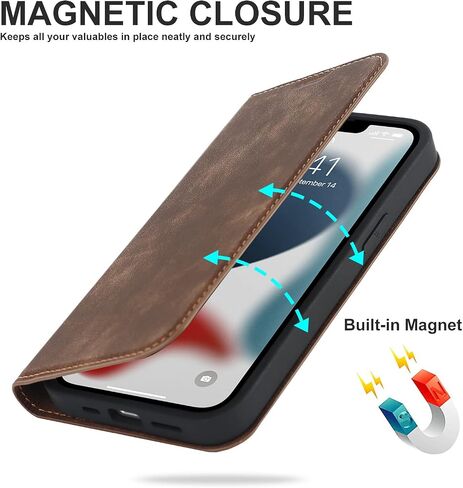 QLTYPRI Magnetic Case for iPhone 13/14 Wallet Case Compatible with Magsafe with [RFID Blocking] Card Holder Slots, PU Leather Flip Folio Cover Kickstand Protective Shockproof Phone Case - Brown in Saudi Arabia