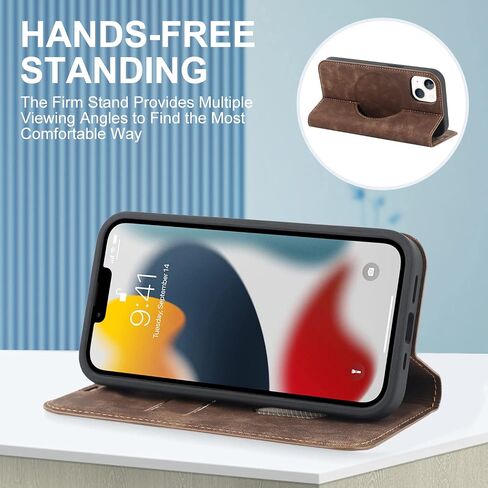 QLTYPRI Magnetic Case for iPhone 13/14 Wallet Case Compatible with Magsafe with [RFID Blocking] Card Holder Slots, PU Leather Flip Folio Cover Kickstand Protective Shockproof Phone Case - Brown in Saudi Arabia