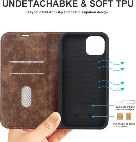 QLTYPRI Magnetic Case for iPhone 13/14 Wallet Case Compatible with Magsafe with [RFID Blocking] Card Holder Slots, PU Leather Flip Folio Cover Kickstand Protective Shockproof Phone Case - Brown in Saudi Arabia