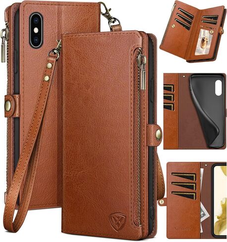 XcaseBar for iPhone X/XS Wallet case with Zipper Credit Card Holder【RFID Blocking】, Flip Folio Book PU Leather Phone case Shockproof Cover Women Men for iPhone X/XS case Light Brown in Saudi Arabia